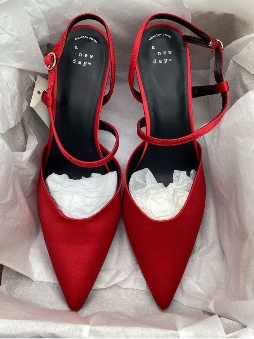 Red Satin Pointed Ankle-Strap Heels 8.5